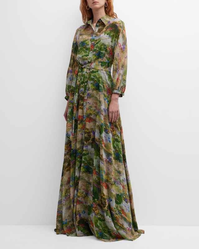 Floral-Print Crinkled Chiffon Shirt Gown